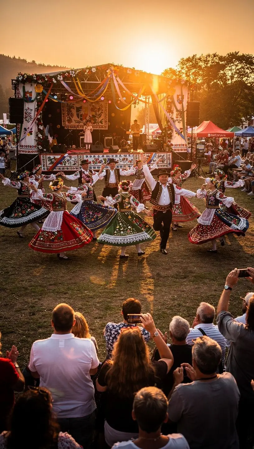 Musicians playing traditional Slovak instruments during an outdoor concert at a cultural festival.