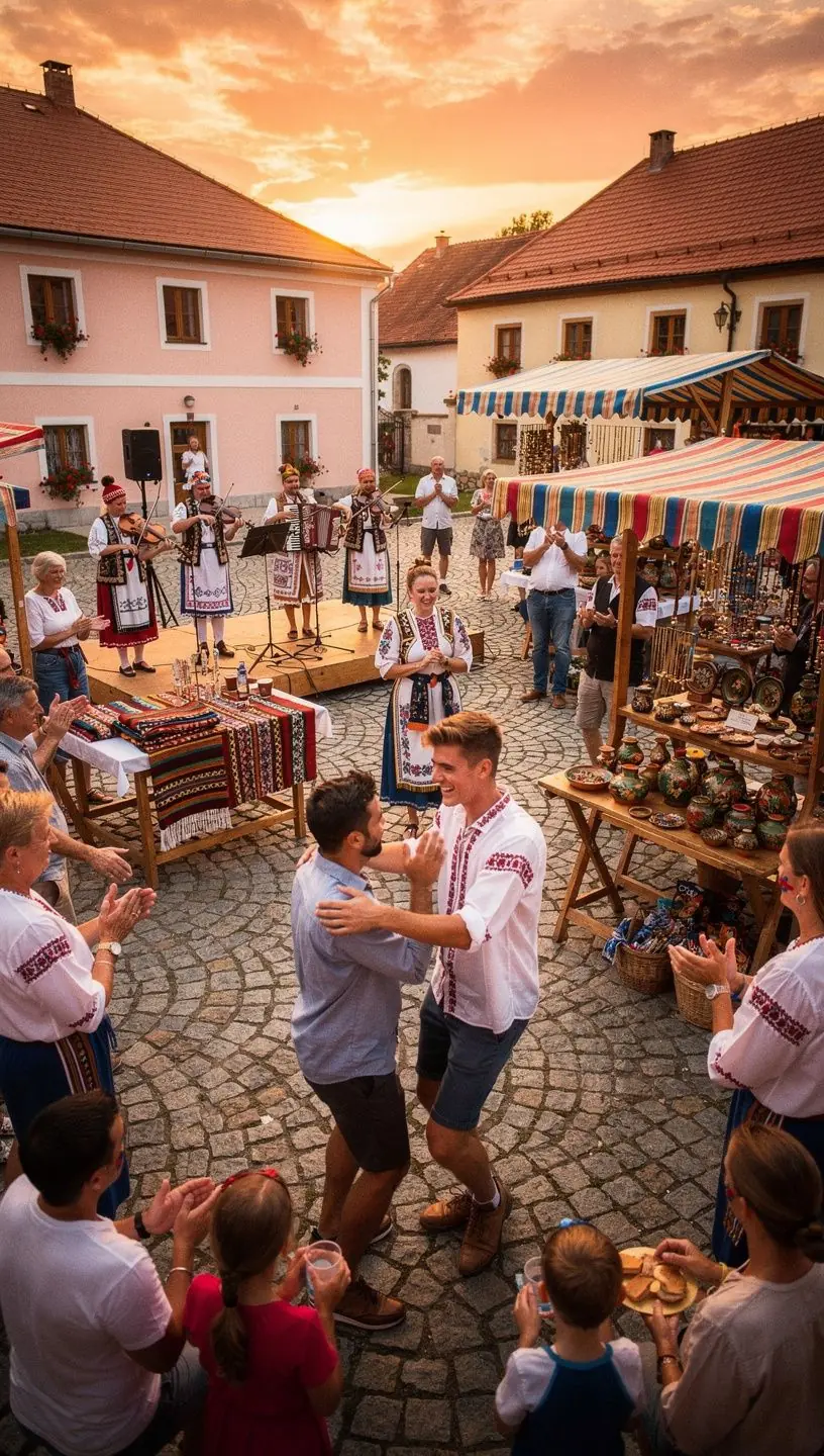 A market scene featuring local crafts, handmade goods, and traditional Slovak food stalls.